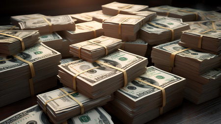 Stack of money american hundred dollar bills on wooden table background.の素材