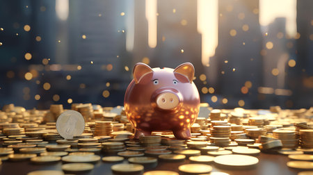 Piggy bank with coins on blurred city background. 3D Renderingの素材