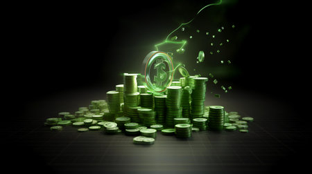Digital illustration of dollar coins in colour background with green light effect.の素材