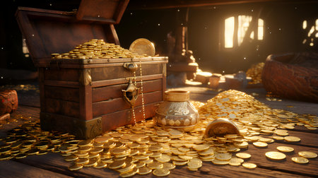 Treasure chest full of gold coins on a wooden table, treasure conceptの素材