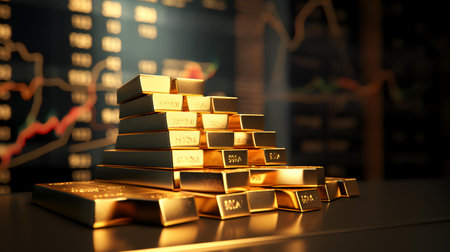 Stack of gold bullions on the background of the stock market.の素材