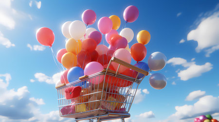 Shopping cart full of colorful balloons against blue sky with white cloudsの素材