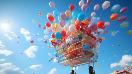 Shopping cart full of colorful balloons flying high in sky. Mixed mediaの素材