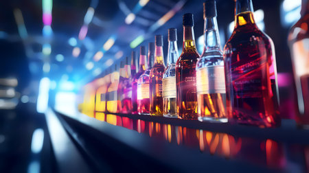Bottles of whiskey on the bar counter in the night club.の素材