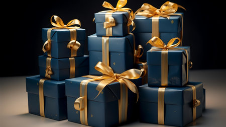 Blue gift boxes with gold bows on a black background. 3d renderingの素材