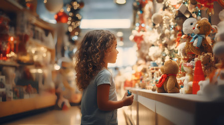 Adorable little girl choosing Christmas toys in a toy store. Selective focus.の素材