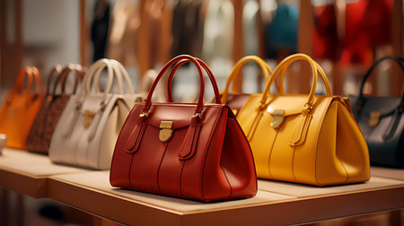 Luxury leather handbags in a shop window. 3d renderingの素材