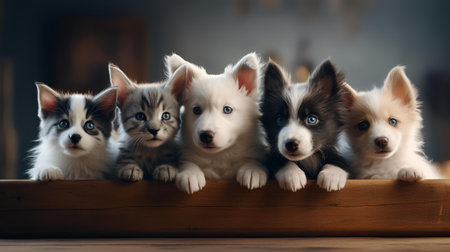 Group of cute siberian husky puppies sitting in wooden boxの素材