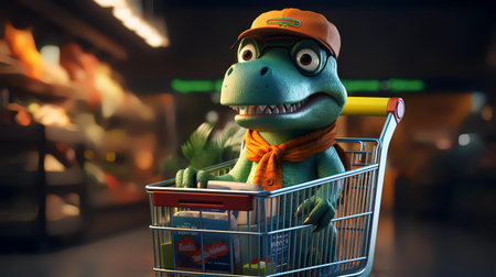 A toy dinosaur with a shopping cart in the shopping mall.の素材