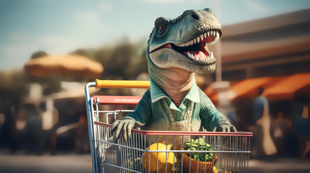 Cute little boy with toy dinosaur in shopping cart on blurred backgroundの素材