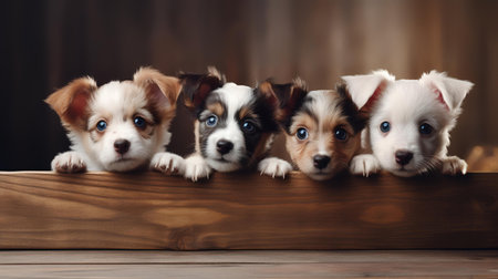 Group of cute puppies in wooden box on wooden background, closeupの素材