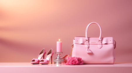 Pink leather bag, shoes and candle on pink background. 3d renderingの素材
