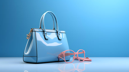 Women's handbag and sunglasses on a blue background. 3d renderingの素材