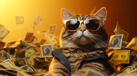 Portrait of a beautiful cat in sunglasses on a background of money.の素材