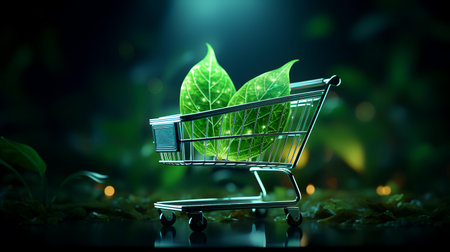 Eco shopping concept. Shopping cart with green leaves on dark backgroundの素材