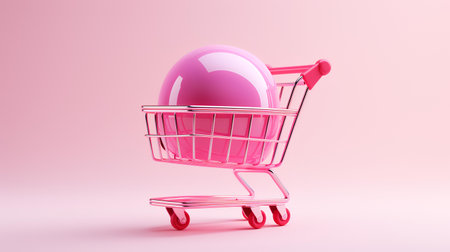 Shopping cart with pink sphere on pink background. 3d renderingの素材