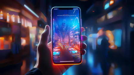 Smartphone in hand on the background of the night city. 3d renderingの素材