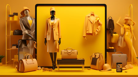 Women's clothing and accessories on a yellow background. 3d renderingの素材