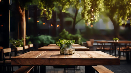 Empty wooden table in outdoor cafe with green bokeh background.の素材