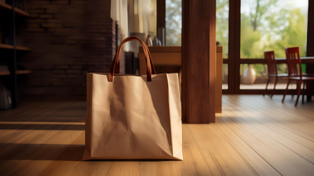 Shopping bag in the interior of a modern cafe. 3d renderingの素材