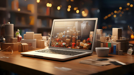 Laptop with christmas presents on table in office. 3d renderingの素材
