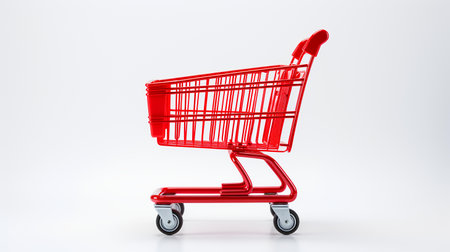 Red shopping cart isolated on white background. 3d render illustration.の素材