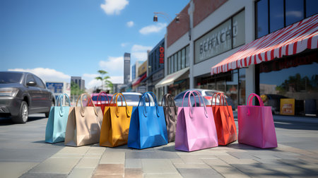 Colorful shopping bags on the city street. 3d rendering.の素材