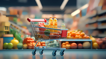 Shopping cart with food in supermarket. 3d rendering. Blurred background.の素材