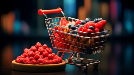 Fresh berries in a shopping cart on a dark background. Concept of healthy eating.の素材