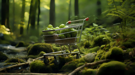 Green apples in a shopping cart on a background of green forest.の素材