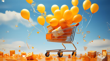 Shopping cart with gift boxes and balloons on blue sky background. 3d renderingの素材