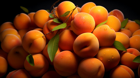 Fresh apricots with leaves on black background. Close up.の素材