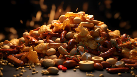 Pile of peanuts, peanuts, hazelnuts, raisins and pistachios on a black backgroundの素材