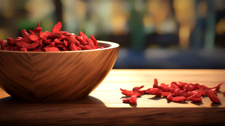 Red dried goji berries in a wooden bowl on a wooden tableの素材