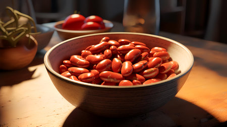 Red kidney beans in a bowl on a wooden table, selective focusの素材