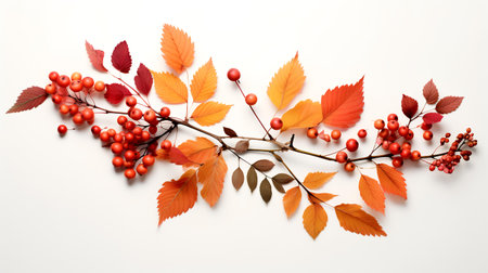 Autumn leaves and rowan berries on white background, top viewの素材