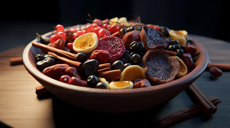 bowl of dried fruits and berries on a wooden table, closeupの素材
