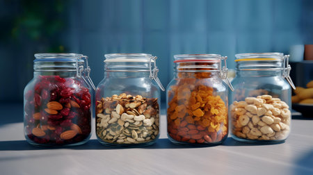 Mixed nuts and dried fruits in glass jars on table in kitchenの素材