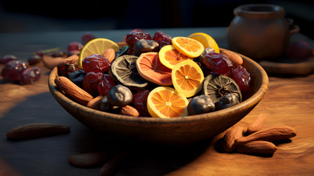 Dried fruits in a wooden bowl on a wooden table. Close up.の素材