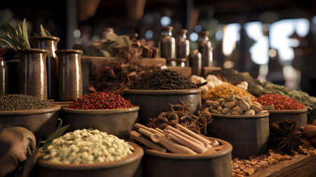 Spices and herbs in bowls on counter of oriental spice marketの素材