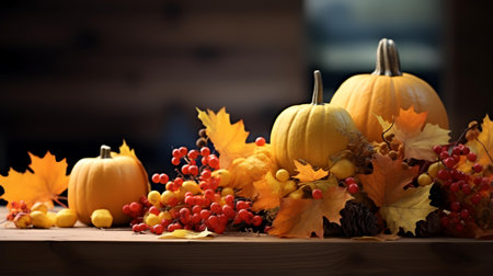 Autumn still life with pumpkins, berries and leaves on wooden tableの素材