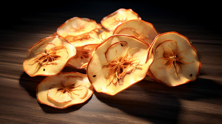 Dried apple slices on a wooden table. Selective focus.の素材