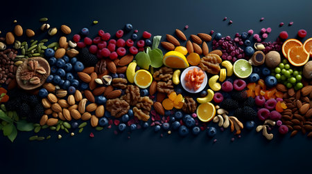 Healthy food background with fruits and nuts. 3d illustration.の素材