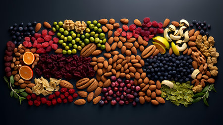 Healthy food concept. Various nuts, fruits and berries on black backgroundの素材