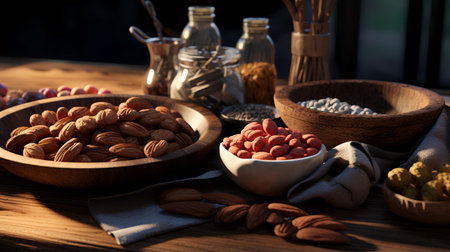 Almond nuts in wooden bowl on wooden table, healthy food and nutrition conceptの素材