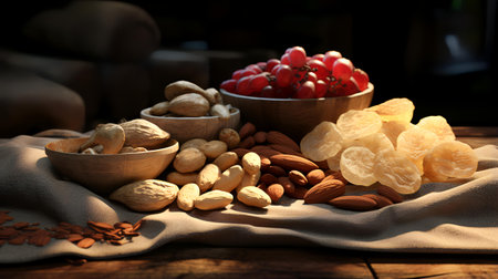 Mix of nuts and dried fruits on wooden table, closeup. Healthy foodの素材