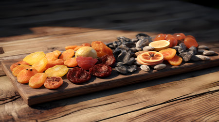 Dried fruits on a wooden board. Dried apricots, pears, kumquat, kumquatの素材