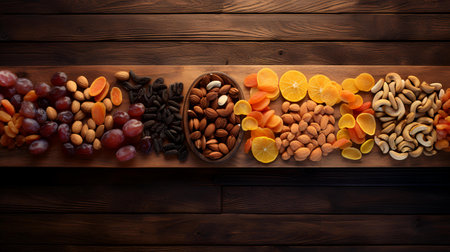 Mix of dried fruits and nuts on a wooden background, top viewの素材