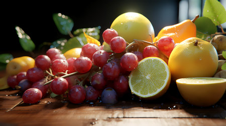 Still life of fresh fruits on a wooden table, selective focus.の素材