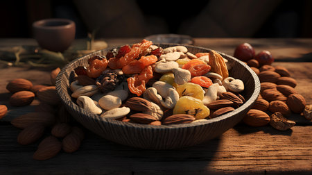 Mix of nuts and dried fruits in bowl on wooden table, selective focusの素材